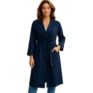 GAP‎ Long Linen Topper Duster Coat Navy Blue Belted Open Front Womens Large